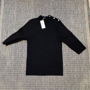 Women's Black Crewneck Sweater with Shoulder Button Detail